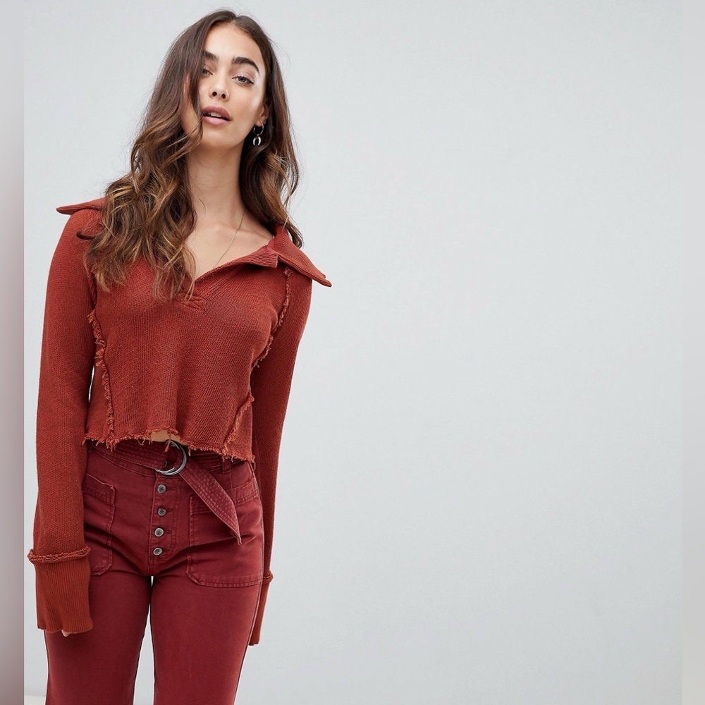 Free People We The Free Darcy Cropped Long Sleeve Top Collared Frayed | Size S